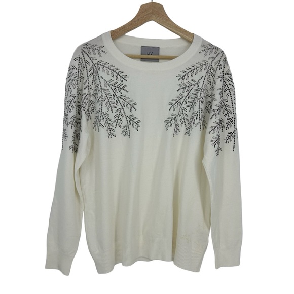 LIV White Leaf Silver Snowflake Rhinestone Motif Sweater - Picture 1 of 7